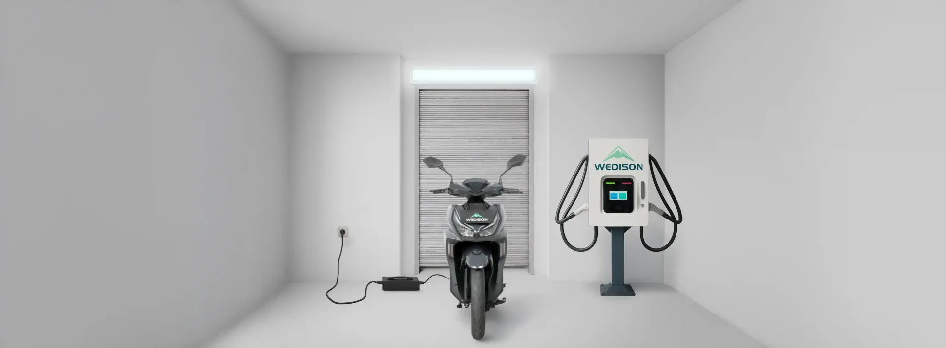 Victory terparkir di showroom Wedison, dengan stasiun SuperCharge di latar